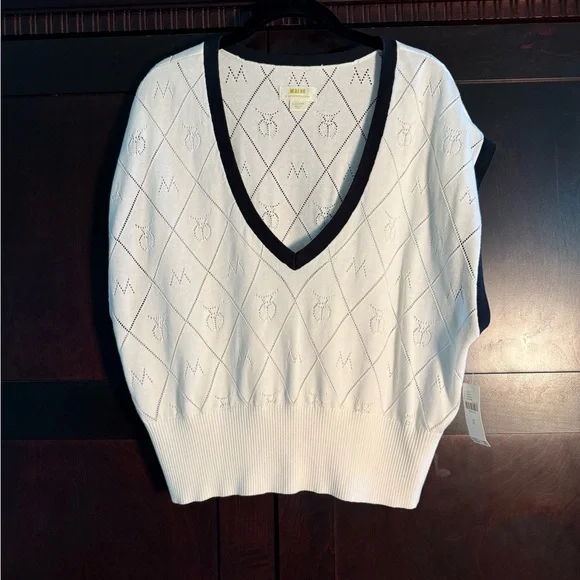 Anthropologie Maeve White V-Neck Sweater with Black Accents - Picture 1 of 7